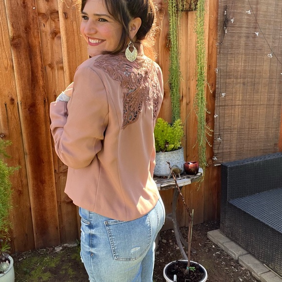 Vintage 90s Mauve Mesh Lace Butterly Back Copped Blazer Jacket 🌿 - Picture 1 of 15